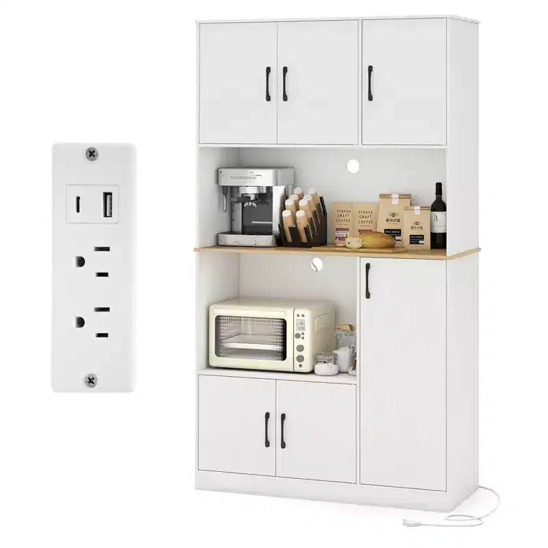 Meuble de cuisine de 180 cm de haut avec station de recharge, support micro-ondes et portes, noir/blanc