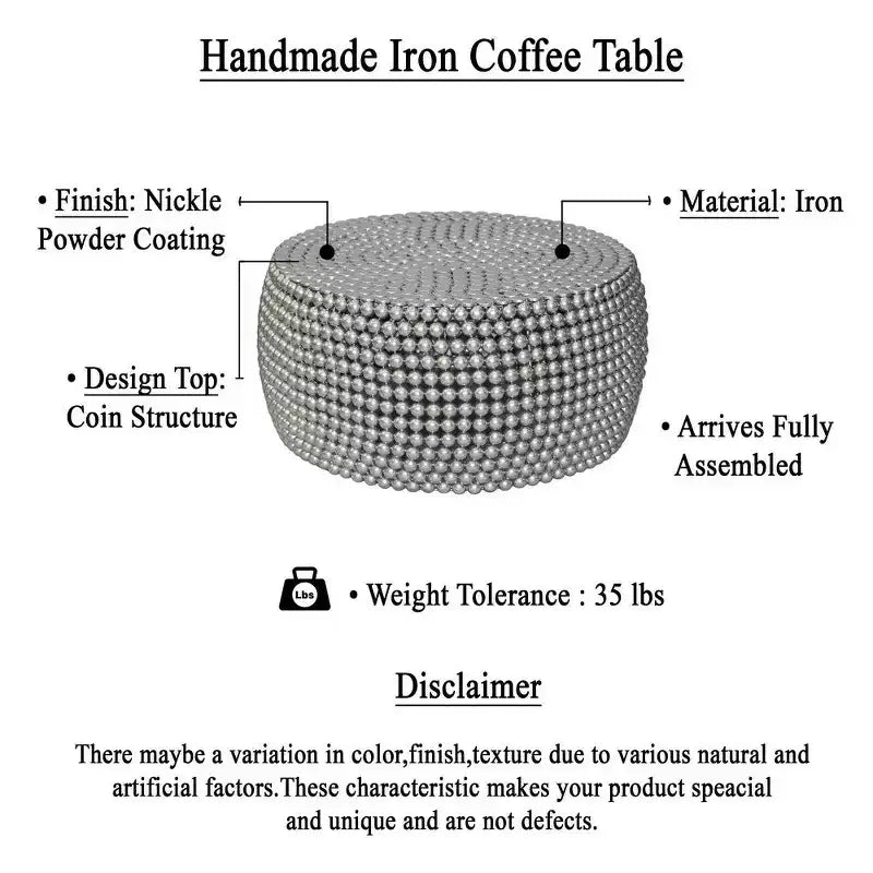Table basse Royal Hampton 32 | Motif clouté de perles métalliques argentées | Cadre en fer plaqué nickel