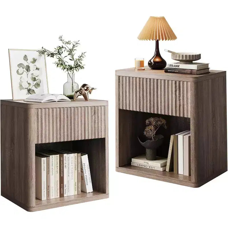 Night Stand Set of 2 With Fluted Drawer Storage End Table, Mid Century Wood Night Stands, Large Modern Farmhouse Nightstand for Bedroom Office