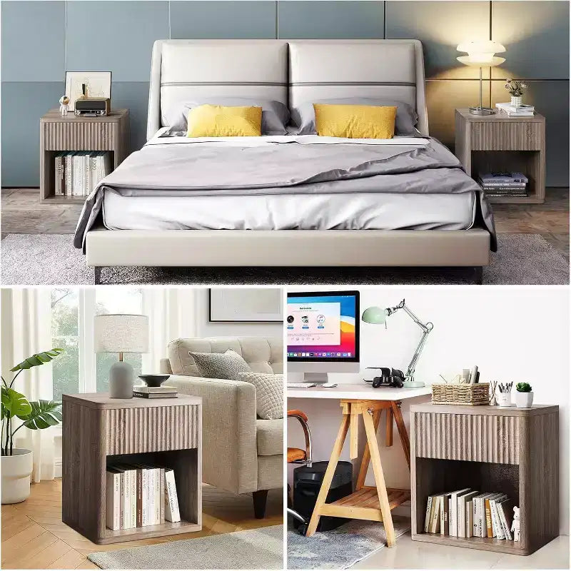 Tables de chevet lot de 2 avec tiroir cannelé, Tables d'appoint en bois de style Mid-Century, Grande table de chevet de style ferme moderne pour chambre ou bureau