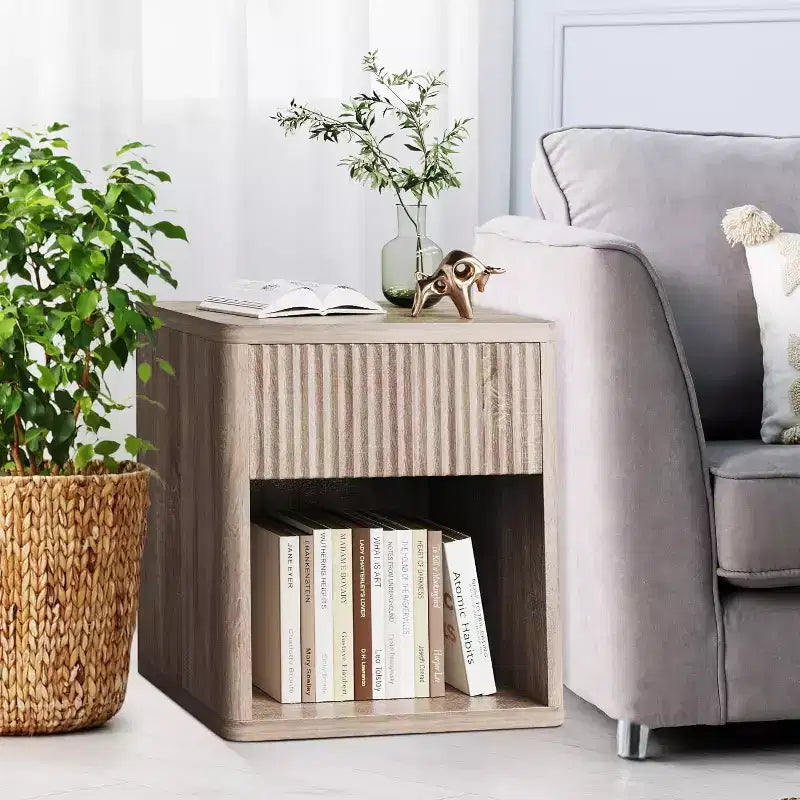 Tables de chevet lot de 2 avec tiroir cannelé, Tables d'appoint en bois de style Mid-Century, Grande table de chevet de style ferme moderne pour chambre ou bureau