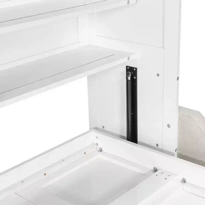 Lit escamotable double/queen avec canapé pliable, éclairage LED et étagères de rangement intégrées, beige