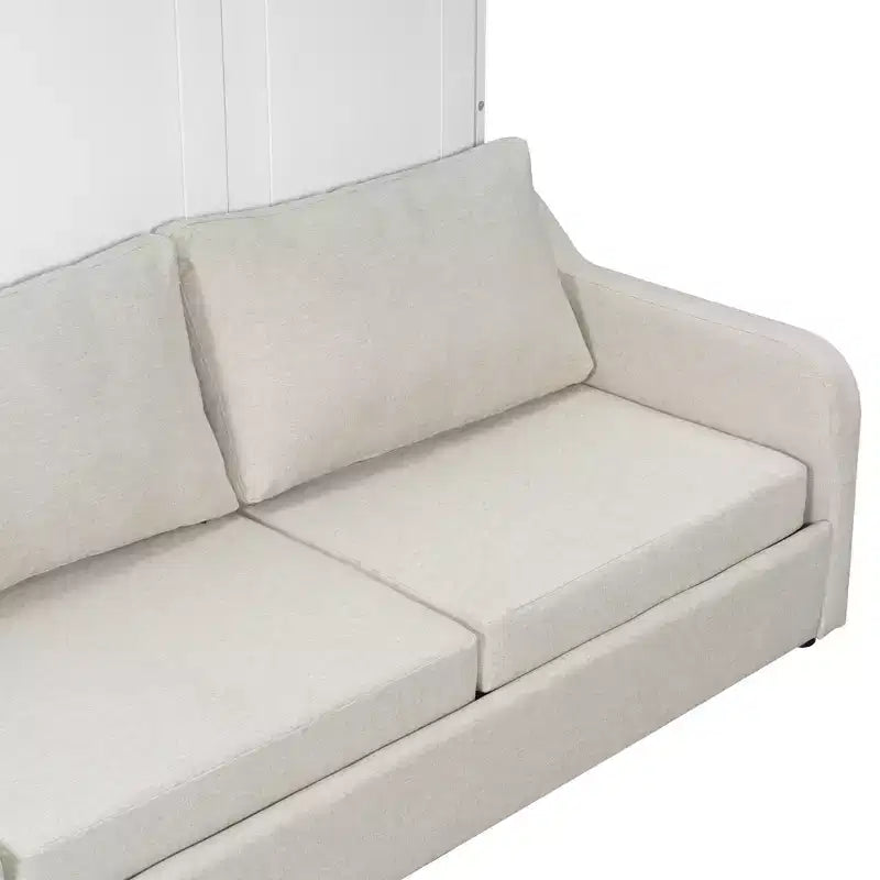 Lit escamotable double/queen avec canapé pliable, éclairage LED et étagères de rangement intégrées, beige