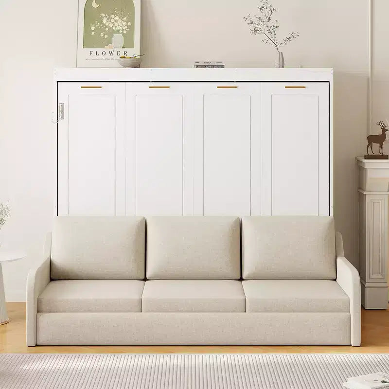 Lit escamotable double/queen avec canapé pliable, éclairage LED et étagères de rangement intégrées, beige