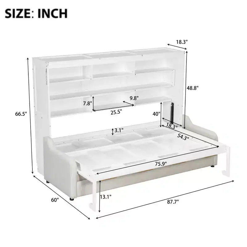 Lit escamotable double/queen avec canapé pliable, éclairage LED et étagères de rangement intégrées, beige