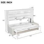 Lit escamotable double/queen avec canapé pliable, éclairage LED et étagères de rangement intégrées, beige