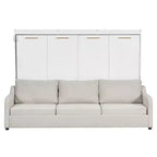 Lit escamotable double/queen avec canapé pliable, éclairage LED et étagères de rangement intégrées, beige