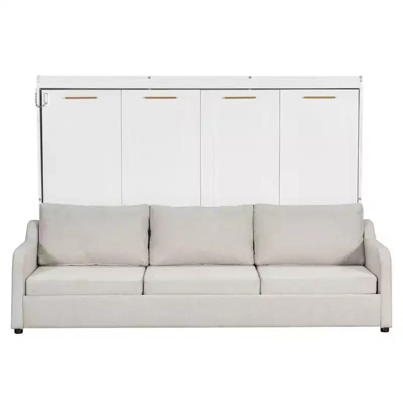 Lit escamotable double/queen avec canapé pliable, éclairage LED et étagères de rangement intégrées, beige