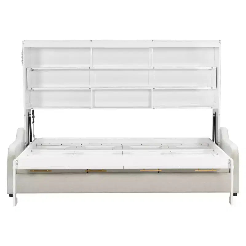 Lit escamotable double/queen avec canapé pliable, éclairage LED et étagères de rangement intégrées, beige