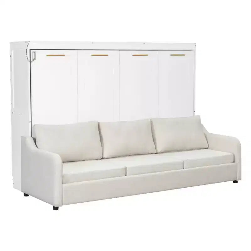 Lit escamotable double/queen avec canapé pliable, éclairage LED et étagères de rangement intégrées, beige