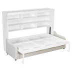 Lit escamotable double/queen avec canapé pliable, éclairage LED et étagères de rangement intégrées, beige