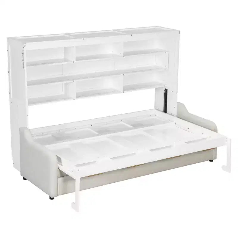 Lit escamotable double/queen avec canapé pliable, éclairage LED et étagères de rangement intégrées, beige