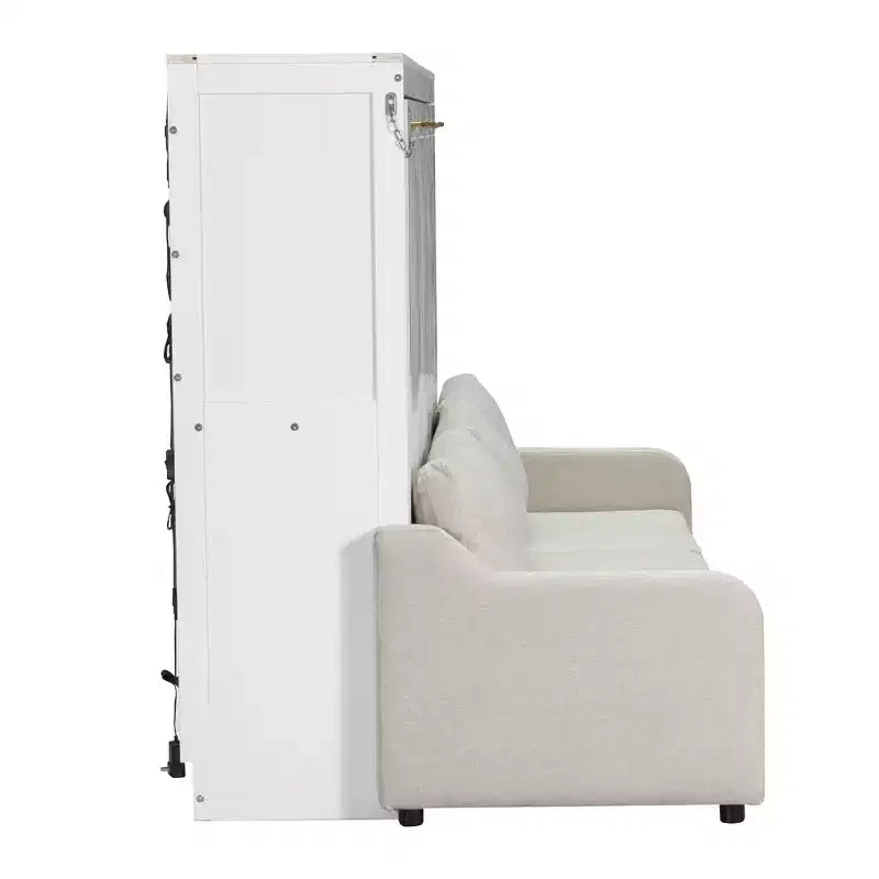 Lit escamotable double/queen avec canapé pliable, éclairage LED et étagères de rangement intégrées, beige