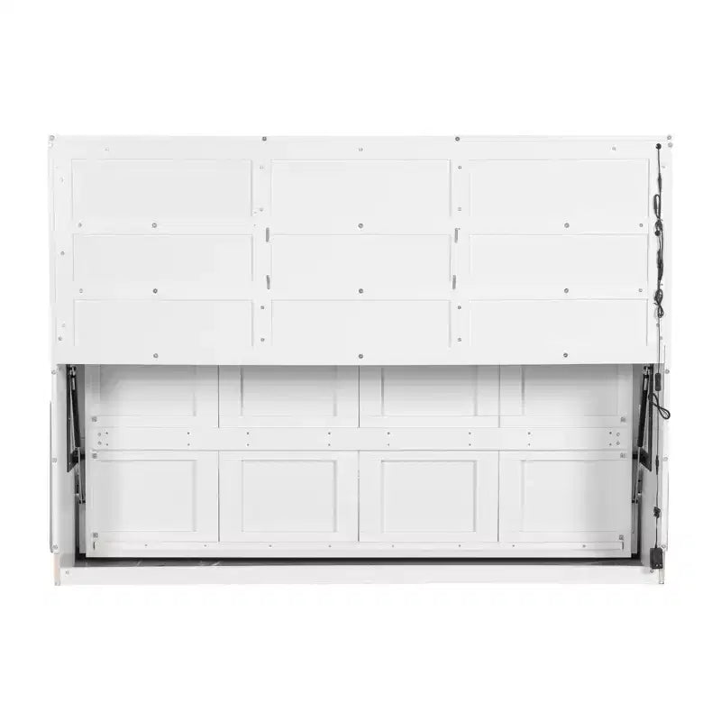Lit escamotable double/queen avec canapé pliable, éclairage LED et étagères de rangement intégrées, beige