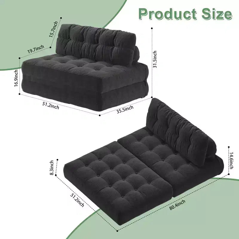 Canapé lit pliant 80" avec oreiller, futon convertible, matelas pliable, velours côtelé