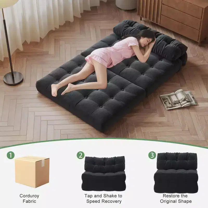 Canapé lit pliant 80" avec oreiller, futon convertible, matelas pliable, velours côtelé