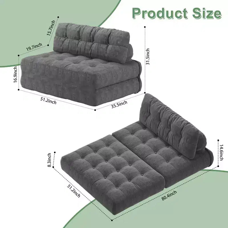 Canapé lit pliant 80" avec oreiller, futon convertible, matelas pliable, velours côtelé
