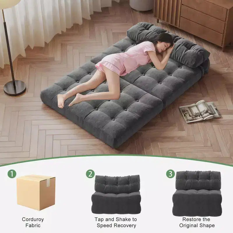 Canapé lit pliant 80" avec oreiller, futon convertible, matelas pliable, velours côtelé