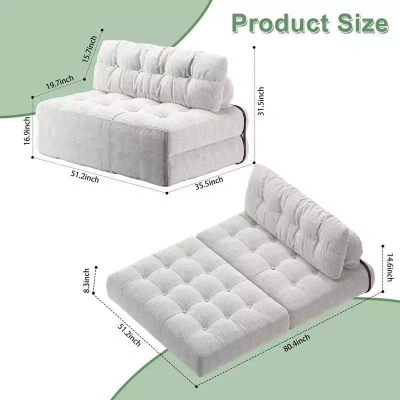 Canapé lit pliant 80" avec oreiller, futon convertible, matelas pliable, velours côtelé
