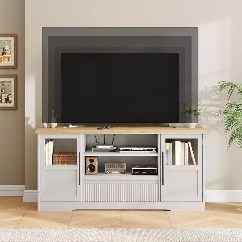 Meuble TV Rétro pour Téléviseurs de 75 Pouces, Meuble Console Multimédia Motif Vague avec 2 Armoires à Portes Vitrées et Étagères Ouvertes, Meuble TV pour Salon