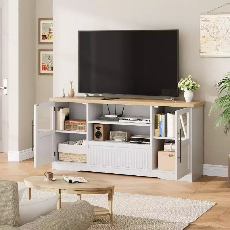 Meuble TV Rétro pour Téléviseurs de 75 Pouces, Meuble Console Multimédia Motif Vague avec 2 Armoires à Portes Vitrées et Étagères Ouvertes, Meuble TV pour Salon