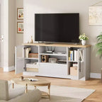 Meuble TV Rétro pour Téléviseurs de 75 Pouces, Meuble Console Multimédia Motif Vague avec 2 Armoires à Portes Vitrées et Étagères Ouvertes, Meuble TV pour Salon