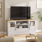 Meuble TV Rétro pour Téléviseurs de 75 Pouces, Meuble Console Multimédia Motif Vague avec 2 Armoires à Portes Vitrées et Étagères Ouvertes, Meuble TV pour Salon