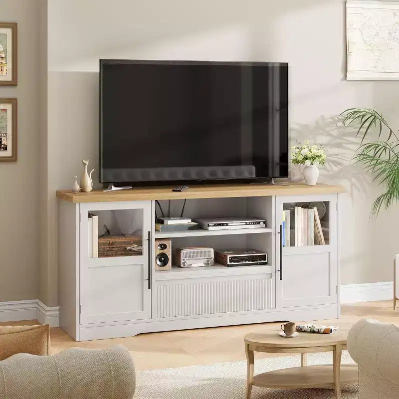 Meuble TV Rétro pour Téléviseurs de 75 Pouces, Meuble Console Multimédia Motif Vague avec 2 Armoires à Portes Vitrées et Étagères Ouvertes, Meuble TV pour Salon
