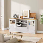 Meuble TV Rétro pour Téléviseurs de 75 Pouces, Meuble Console Multimédia Motif Vague avec 2 Armoires à Portes Vitrées et Étagères Ouvertes, Meuble TV pour Salon