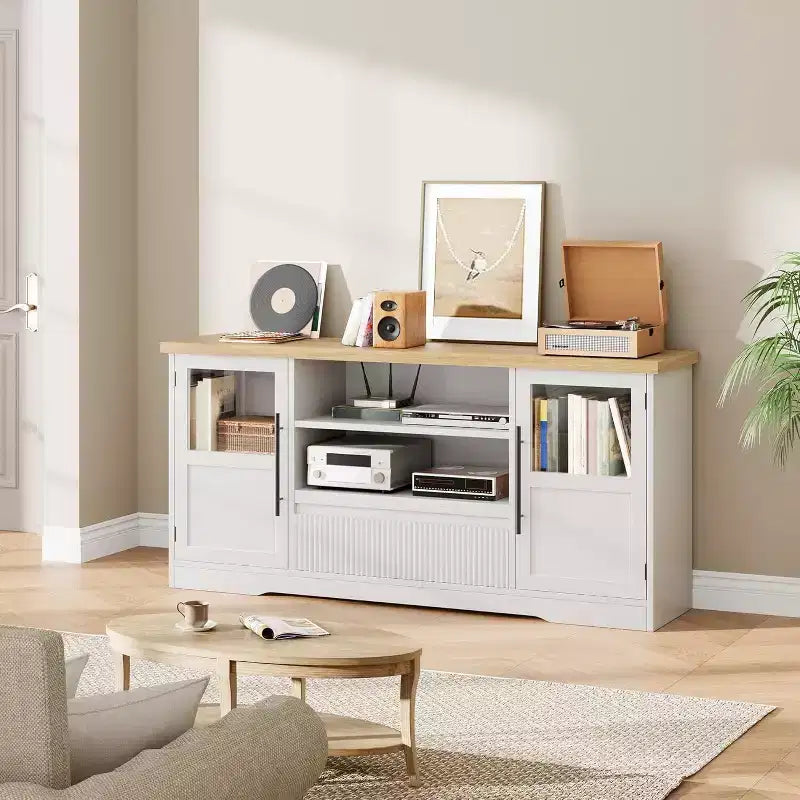 Meuble TV Rétro pour Téléviseurs de 75 Pouces, Meuble Console Multimédia Motif Vague avec 2 Armoires à Portes Vitrées et Étagères Ouvertes, Meuble TV pour Salon