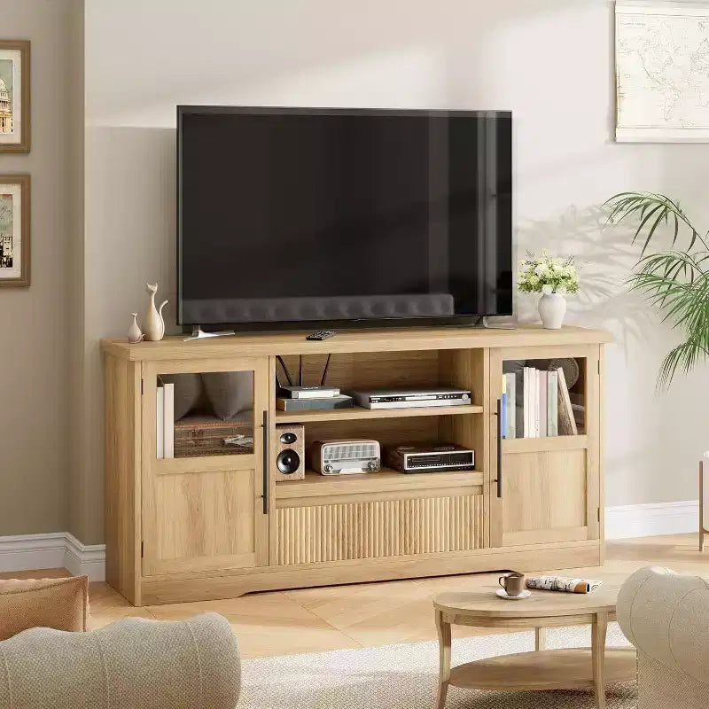 Meuble TV Rétro pour Téléviseurs de 75 Pouces, Meuble Console Multimédia Motif Vague avec 2 Armoires à Portes Vitrées et Étagères Ouvertes, Meuble TV pour Salon