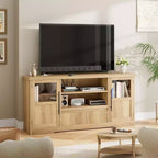 Meuble TV Rétro pour Téléviseurs de 75 Pouces, Meuble Console Multimédia Motif Vague avec 2 Armoires à Portes Vitrées et Étagères Ouvertes, Meuble TV pour Salon