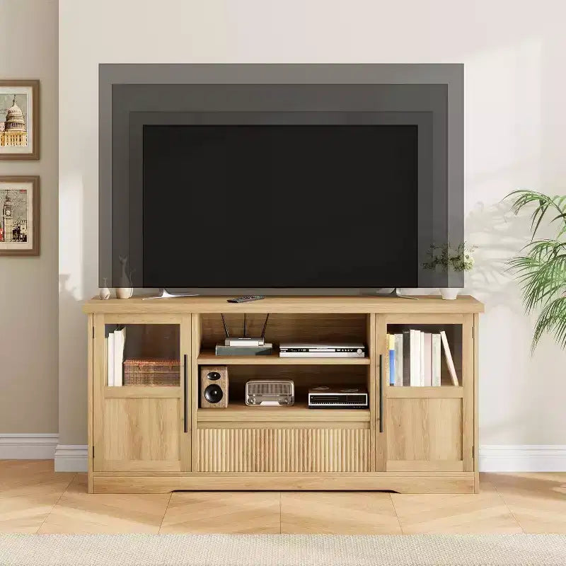 Meuble TV Rétro pour Téléviseurs de 75 Pouces, Meuble Console Multimédia Motif Vague avec 2 Armoires à Portes Vitrées et Étagères Ouvertes, Meuble TV pour Salon