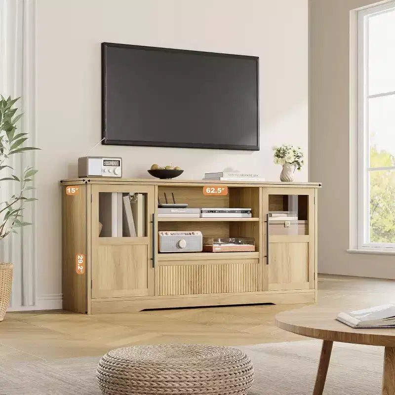 Meuble TV Rétro pour Téléviseurs de 75 Pouces, Meuble Console Multimédia Motif Vague avec 2 Armoires à Portes Vitrées et Étagères Ouvertes, Meuble TV pour Salon