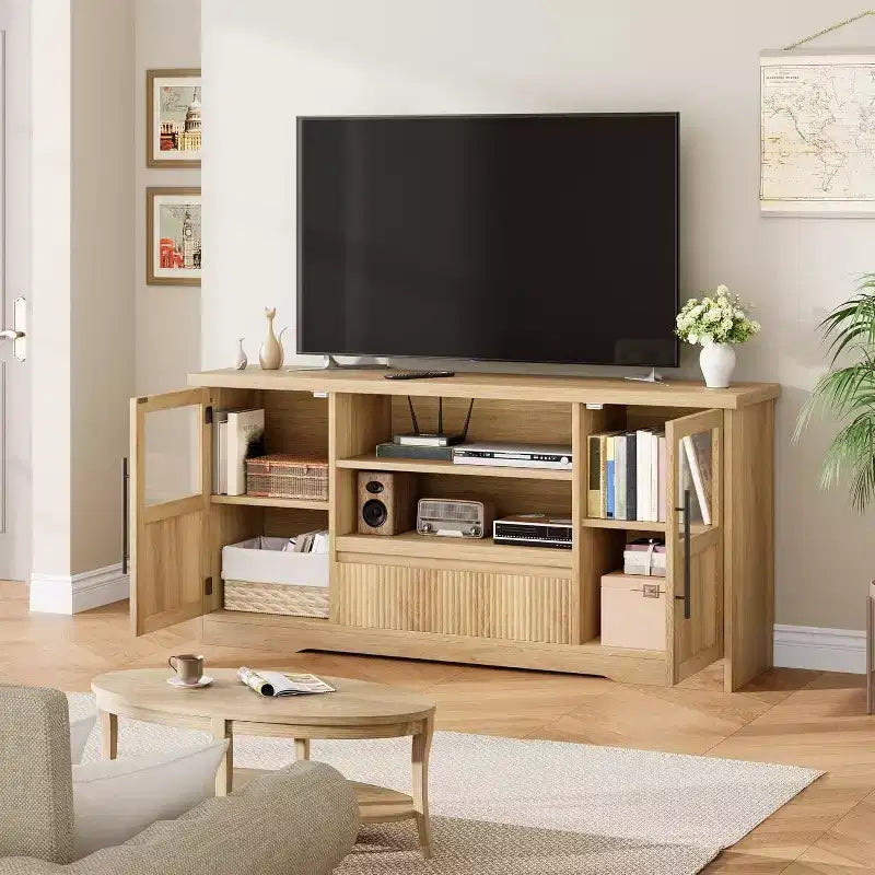 Meuble TV Rétro pour Téléviseurs de 75 Pouces, Meuble Console Multimédia Motif Vague avec 2 Armoires à Portes Vitrées et Étagères Ouvertes, Meuble TV pour Salon