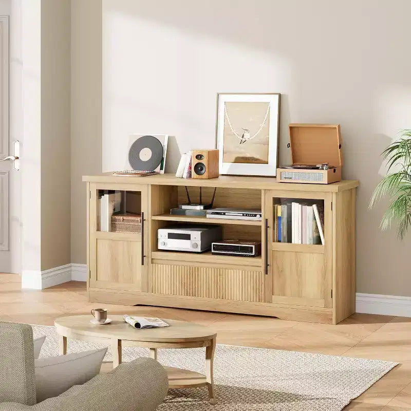Meuble TV Rétro pour Téléviseurs de 75 Pouces, Meuble Console Multimédia Motif Vague avec 2 Armoires à Portes Vitrées et Étagères Ouvertes, Meuble TV pour Salon