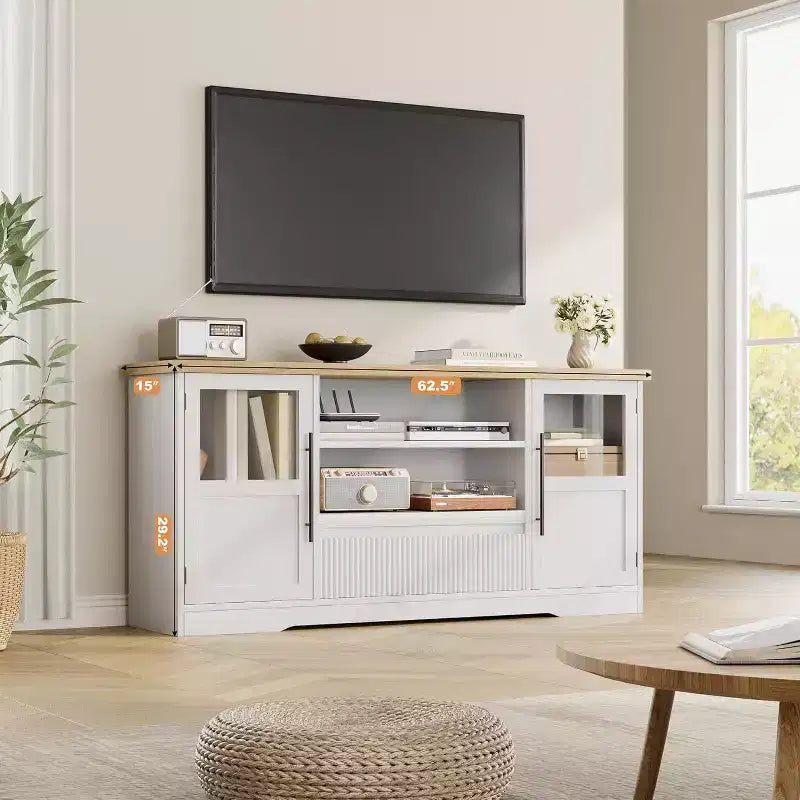 Meuble TV Rétro pour Téléviseurs de 75 Pouces, Meuble Console Multimédia Motif Vague avec 2 Armoires à Portes Vitrées et Étagères Ouvertes, Meuble TV pour Salon