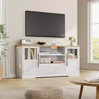 Meuble TV Rétro pour Téléviseurs de 75 Pouces, Meuble Console Multimédia Motif Vague avec 2 Armoires à Portes Vitrées et Étagères Ouvertes, Meuble TV pour Salon