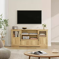 Retro TV Stand for 75 Inch TVs, Wave Pattern Media Console with 2 Glass Door Cabinets & Open Shelves, Entertainment Center for Living Room