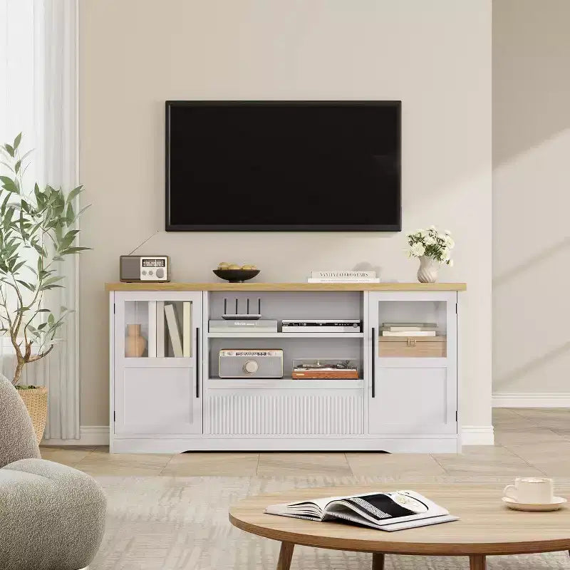 Meuble TV Rétro pour Téléviseurs de 75 Pouces, Meuble Console Multimédia Motif Vague avec 2 Armoires à Portes Vitrées et Étagères Ouvertes, Meuble TV pour Salon