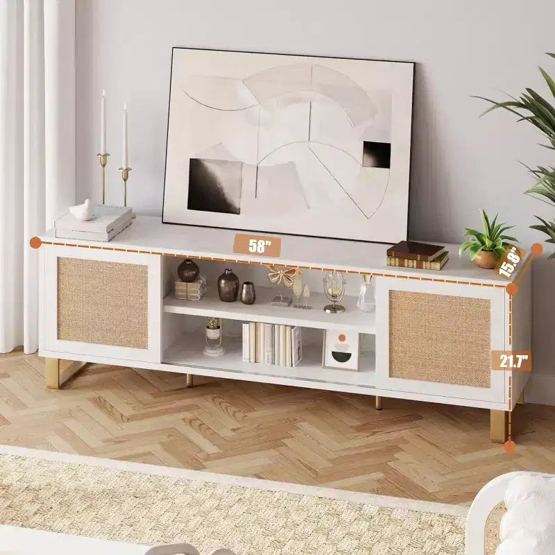 Meuble TV blanc 65" - Meuble TV moderne en rotin avec portes de rangement et étagères