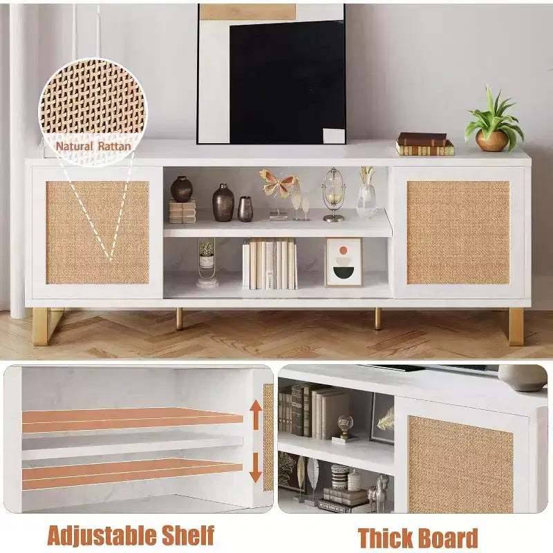 Meuble TV blanc 65" - Meuble TV moderne en rotin avec portes de rangement et étagères