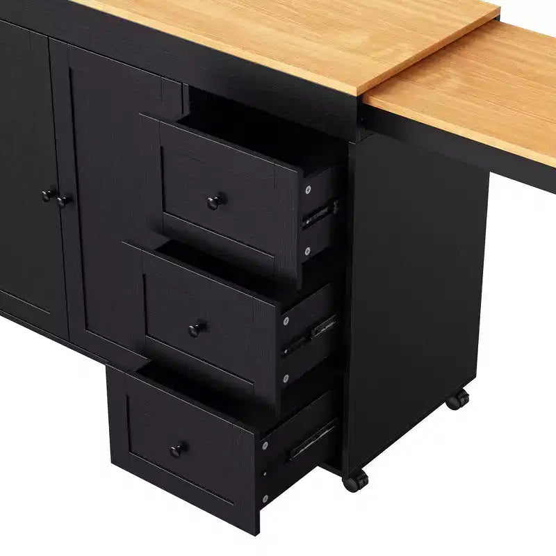 Îlot de cuisine avec table à manger extensible, 3 tiroirs, prise électrique, étagère à épices et placard