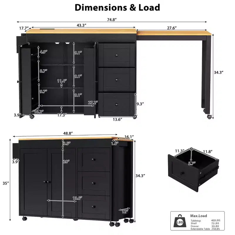 Îlot de cuisine avec table à manger extensible, 3 tiroirs, prise électrique, étagère à épices et placard