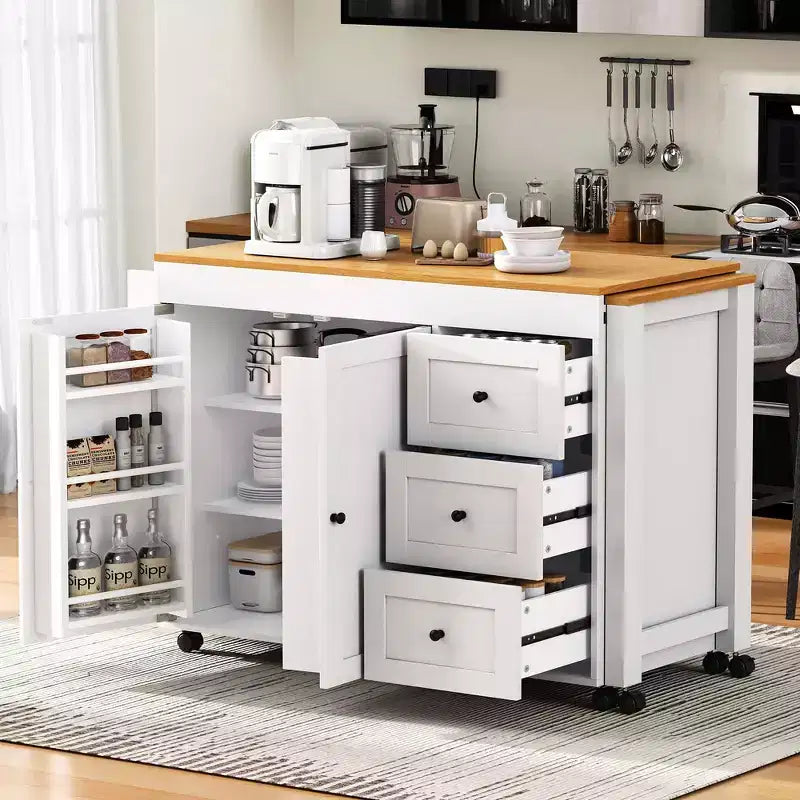Îlot de cuisine avec table à manger extensible, 3 tiroirs, prise électrique, étagère à épices et placard