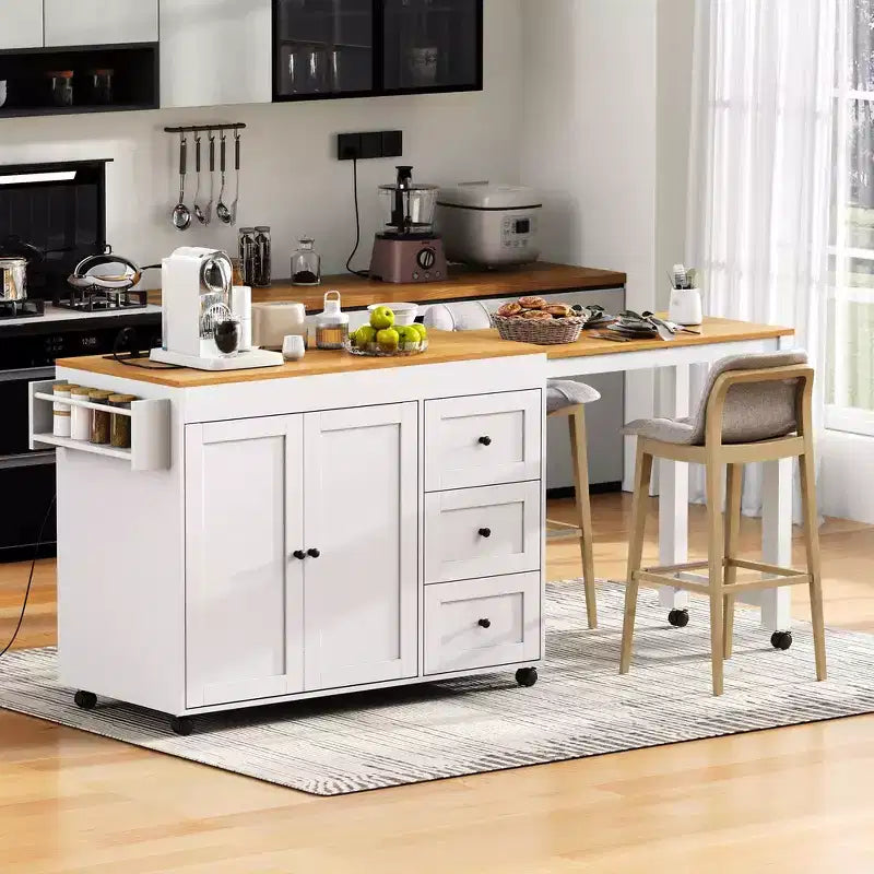 Îlot de cuisine avec table à manger extensible, 3 tiroirs, prise électrique, étagère à épices et placard