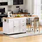 Îlot de cuisine avec table à manger extensible, 3 tiroirs, prise électrique, étagère à épices et placard