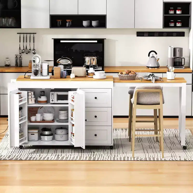 Îlot de cuisine avec table à manger extensible, 3 tiroirs, prise électrique, étagère à épices et placard