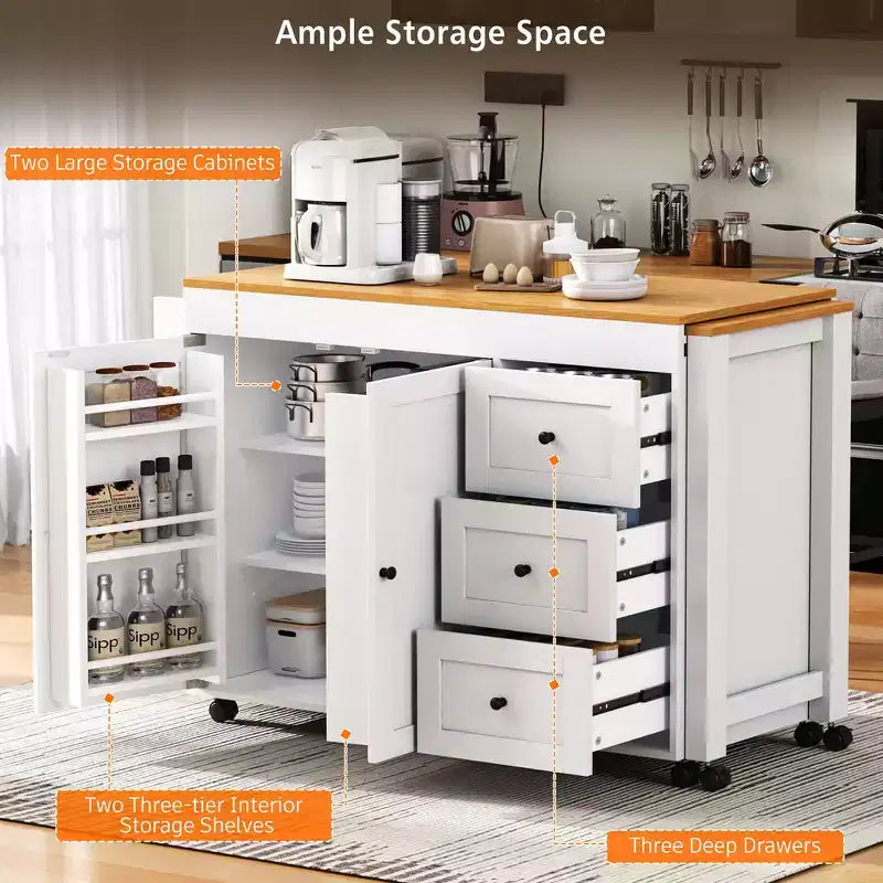 Îlot de cuisine avec table à manger extensible, 3 tiroirs, prise électrique, étagère à épices et placard