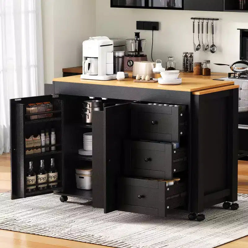 Îlot de cuisine avec table à manger extensible, 3 tiroirs, prise électrique, étagère à épices et placard